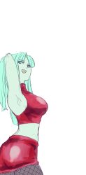 1girls alternate_costume arm_behind_head armpits ass big_ass big_breasts breasts busty capcom confident darkstalkers demon_girl drawn fishnet_thighhighs fishnets green_eyes green_hair highres large_breasts legs looking_at_viewer looking_back marvel_vs._capcom midriff morrigan_aensland official_alternate_costume open_mouth rosie_rosie seductive seductive_look seductive_smile sensual sideboob skirt sleeveless smile solo succubus teeth thighhighs thighs vampire_(game)