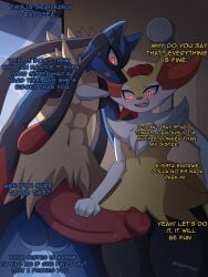 3:4 absurd_res animal_genitalia animal_penis anthro balls big_penis black_body blue_body blush bodily_fluids braixen canid canine canine_genitalia canine_penis duo english_text erection female fur generation_6_pokemon genital_fluids genitals hair hi_res hyper hyper_genitalia inner_ear_fluff interspecies japy7u7 knot lucario male male/female mammal mega_evolution mega_lucario nintendo orange_body orange_fur penile penis pokemon pokemon_(species) pokephilia red_eyes smile tail text thick_thighs tuft white_body white_fur wide_hips yellow_body yellow_fur