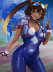 1girls arina_makihara big_breasts bodysuit breasts brown_eyes brown_hair busty cleavage covered_navel female female_only fingerless_gloves gloves goggles goggles_on_head highres jacket large_breasts legs looking_at_viewer makihara_arina open_clothes open_jacket parted_lips rabbit_ears rabbit_girl sensual short_hair smile solo spandex thighs toned waku_waku_7
