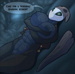 anthro areola arthropod belly big_breasts black_body black_text blush blush_lines breasts cloth cloth_(hollow_knight) club_(weapon) dialogue digital_media_(artwork) english_text female genitals glowing glowing_eyes green_eyes grey_areola grey_body grey_breasts grey_nipples hollow_knight kurtassclear looking_at_viewer lying mask melee_weapon multicolored_body nipples non-mammal_breasts non-mammal_nipples nude on_back on_ground pussy question question_mark solo talking_to_viewer team_cherry text two_tone_body weapon