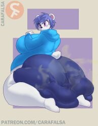 2020 absurd_res anthro artist_logo ass bear belly big_belly big_breasts big_butt blue_bottomwear blue_clothing blue_hair blue_hoodie blue_shorts blue_topwear blush blush_lines bottomwear breasts carafalsa clothing constricted_pupils digital_drawing_(artwork) digital_media_(artwork) eyebrow_through_hair eyebrows fan_character feces feces_pile female footwear fur hair hand_on_breast hi_res hoodie huge_butt logo mammal overweight overweight_female pink_eyes polar_bear pupils raised_eyebrows scat short_tail shorts signature simple_background small_pupils smaller_version_at_source socks soiling soiling_bottomwear solo stink_cloud stink_fumes surprise tail text thick_thighs topwear translucent translucent_hair url ursine white_body white_clothing white_footwear white_fur white_socks wide_hips yu_(amethyst8807)