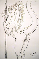 anthro dr_comet dragon female horn monochrome nude polearm pussy raised_tail solo spear