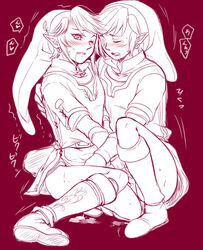 2boys artist_request blush clone cum dual_persona gay handjob hylian link link_(skyward_sword) link_(twilight_princess) linkcest male male_only moaning monochrome multiple_boys multiple_males red_background saliva selfcest short_hair simple_background sitting skyward_sword the_legend_of_zelda twilight_princess yaoi