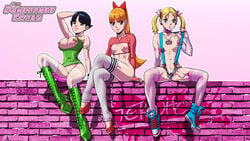 3girls aged_up anal_beads areola armlet black_hair blonde_hair blossom_(powerpuff_girls) blue_eyes breasts bubbles_(powerpuff_girls) busty buttercup_(powerpuff_girls) cleavage dildo erect_nipples female female_only green_eyes high_heel_boots high_heels jean_shorts jean_thong knee_boots leg_warmers multiple_girls nipples orange_hair pigtails powerpuff_girls red_eyes redhead seductive sex_toy sisters stockings strap-on suspenders tekuho thighhighs topless voluptuous