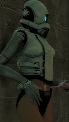 1boy 1girls 3d black_bikini_bottom blue_eye combine_(half-life_series) combine_assassin_(half-life_series) cum_on_belly erect_penis erection female garry's_mod gas_mask half-life half-life_(series) half-life_2 half-life_2_beta hand_on_penis human human_female human_male human_only male mask masked masked_female particle_ghost penis sex standing straight