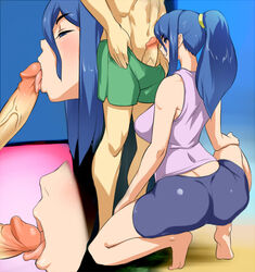 1boy 1girls ass blue_eyes blue_hair fellatio female hair licking light-skinned_female light-skinned_male light_skin mafen male montage oral penis ponytail shirt shorts squatting tied_hair tongue tongue_out uncensored veiny_penis