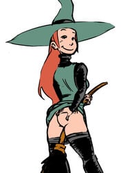 ass bare_ass broom broom_riding ginger_hair hand_on_ass long_hair long_sleeves looking_back melusine_(spirou_magazine) spirou_magazine witch witch_hat