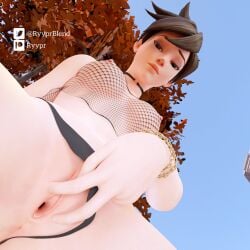 1girls 3d breasts choker fishnet_shirt masturbation overwatch overwatch_2 ryyprblend solo spread_pussy tracer vagina