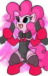 2013 blue_eyes bow_tie cameltoe clothing crouching cum cum_in_mouth elbow_gloves english_text equine female friendship_is_magic gloves hair horse my_little_pony open_mouth pink_fur pink_hair pony ricocake solo stockings text tongue tongue_out