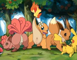 anus ass back_view baginazard black_nose blue_eyes brown_eyes brown_fur charmander closed_eyes closed_mouth color eevee female female_only feral fire fur furry_ass furry_tail mane multiple_females multiple_girls multiple_tails nintendo nude open_eyes open_mouth outdoors pikachu poke_ball pokemon pokemon_(species) pokemon_rgby pussy tail tail_fire tongue tree vulpix yellow_fur