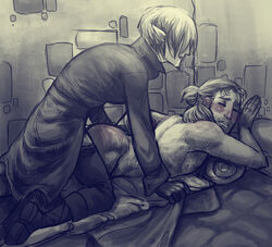 2boys anders_(dragon_age) clothed_on_nude dragon_age dragon_age_2 fenris_(dragon_age) male multiple_males syberfox tagme tattoo yaoi