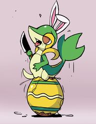 baginazard color easter egg female female_only feral freckles holding knife nude pokemon pokemon_(species) sitting sitting_on_egg snivy solo tagme vulva