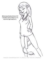 1futa 2011 alien anthro anthro_only bottomless caitian_(species) cat_ears dialogue english_text furry futa_only futanari humanoid inner_ear_fluff monochrome shiboline_m'ress solo star_trek star_trek_the_animated_series starfleet_insignia starfleet_uniform tail tail_tuft text twisteddragon