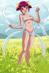 blush bow breasts female_focus female_only flower hoshizora_miyuki nipples outdoors precure pretty_cure purple_eyes purple_hair pussy see-through small_breasts smile smile_precure standing uncensored yosio