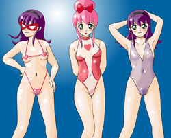 battle_spirits bikini covered_nipples domino_mask dual_persona female female_only flat_chest gradient_background green_eyes heart_bikini light-skinned_female light_skin mask masked masked_female micro_bikini my_sunshine nipples_visible_through_clothing no_pupils pink_hair purple_hair simple_background small_breasts suiren swimsuit tagme