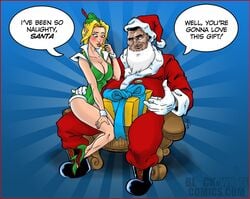 1boy 1girls black_santa blonde_hair christmas christmas_elf christmas_present cleavage elf_female english english_text female grabbing_waist imminent_sex male santa_claus santa_costume sitting_on_lap