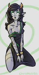 1girls areola_slip black_dress black_hair blank_eyes breasts eyebrow_piercing eyeshadow female grey_skin homestuck horns kneeling lip_piercing long_hair looking_at_viewer ms_paint_adventures open_mouth pointy_ears porrim_maryam solo strap_slip tattoo troll