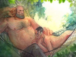 2boys balding chest_hair chyringa facial_hair fellatio gay glasses hammock heavy_weapons_guy holding_penis large_dom_small_sub male male_focus male_only medic medic_(team_fortress_2) nude penis_out public_oral public_topless size_difference suck_him_dry sucking team_fortress_2 topless valve