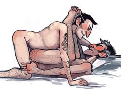 2boys anal_penetration anal_sex arm_tattoo black_hair feet gay head_on_pillow male male_focus male_only mating_press mature_male nipple_peek nude prawnsy red_nose sniper sniper_(team_fortress_2) spy spy_(team_fortress_2) tagme team_fortress_2 two_tone_hair white_background white_hair yaoi