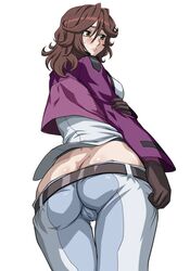 arm_grab ass ass_cleavage belt black_gloves blush body_blush brown_eyes brown_hair butt_crack cameltoe dat_ass embarrassed female female_only from_behind from_below frown gloves gundam gundam_00 human jacket long_hair looking_back lowleg lowleg_pants military military_uniform no_panties open_clothes open_jacket pants simple_background skin_tight solo standing sumeragi_lee_noriega sweatdrop thigh_gap thighs tofu_(artist) uniform wind_lift yellow_eyes