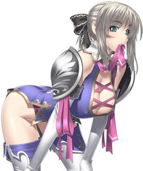 ass bent_over blonde_hair breasts cassandra_alexandra cleavage clothed female female_only green_eyes human ribbons shoulder_armor solo soul_calibur soul_calibur_iv thighhigh_boots