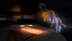 2girls 3d asari breasts completely_naked completely_naked_female completely_nude completely_nude_female female female_only hawke_(artist) liara_t'soni mass_effect nude oral quarian tali'zorah_nar_rayya yuri