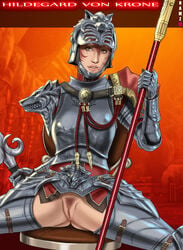 1girls armor bottomless brown_eyes chestplate convincing_armor exposed_pussy female_knight gauntlets glossy_lips greaves helmet hildegard_von_krone knight looking_at_viewer mole_under_mouth no_sex plate_armor polearm presenting pubic_hair pussy red_hair red_pubic_hair sitting smile soul_calibur spear spread_legs tagme vambraces warrior weapon zakuman