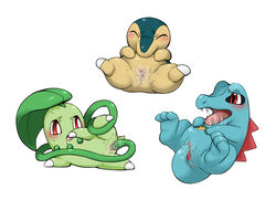 anus ass blush chikorita clitoris cum cum_inside cyndaquil drool female feral komeko-nk masturbation pokemon totodile vagina vaginal_penetration wet white_background