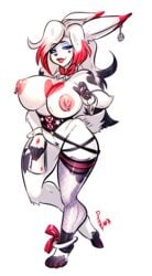 anthro big_breasts breasts cards corset ear_piercing female fur furry hair lagomorph long_hair looking_at_viewer luvon makeup mammal nipple_piercing nipples piercing purple_eyes pussy rabbit solo stockings voluptuous wide_hips