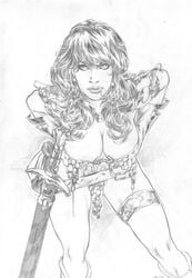 1girls armor bent_over big_breasts bikini_armor breasts busty carlos_silva chainmail chainmail_bikini female female_only large_breasts loincloth long_hair looking_at_viewer monochrome red_sonja red_sonja_(comics) solo tagme