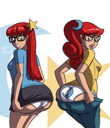 2girls axel-rosered beige_skin blue_eyes bottom_heavy breasts butt cartoon_network clothing exposed female female_only glasses green_eyes hair_ornament hot_pants hotpants huge_butt human johnny_test_(series) large_butt light-skinned_female light_skin lipstick long_hair mary_test medium_breasts multiple_females open_mouth panties presenting red_hair sisters skirt small_breasts straight_hair susan_test test_twins thick_thighs twins underwear upskirt wide_hips