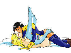 2girls black_hair blonde_hair blush closed_eyes dani_moonstar dark-skinned_female dark_skin elbow_gloves female female_only interracial kissing legs_up light-skinned_female light_skin magik_(illyana_rasputin) marvel missionary_position missionary_tribadism multiple_girls native_american new_mutants nude nude_female on_bed pants_down thighhighs toucan tribadism white_background x-men yuri