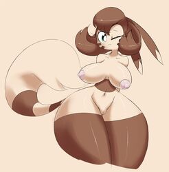 anthro breasts color curly_q female female_only front_view fur furret furry keijimatsu nipples nude pokemon solo tagme vulva wink