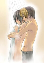 2boys akira_toya artist_request bath bathing black_hair blonde_hair blush closed_eyes closed_mouth clothed_male_nude_male couple hikaru_no_go hikaru_shindo human human_only male male_only multiple_boys multiple_males navel nude pants romantic shirtless short_hair shower towel two-tone_hair two_tone_hair wet wet_clothes wet_hair yaoi