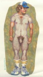 1boy 2008 arm_hair armpit_hair balls baseball_cap brown_hair chest_hair curly_hair dated flaccid footwear foreskin gay hairy hairy_legs male male_only michael_kirwan nipples original penis pubic_hair simple_background socks solo tan_skin tanline traditional_media uncircumcised yaoi