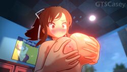 1girls areolae asuka_(senran_kagura) breast_grab breasts female gtscasey large_breasts light-skinned_female light_skin nipples senran_kagura upper_body