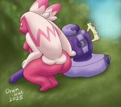 2025 anthro breasts butt crouching drain_scat female generation_9_pokemon hair hammer hands_on_legs hi_res multicolored_body nintendo nude outside pink_body pink_eyes plant pokemon pokemon_(species) sky solo tinkaton tools tree two_tone_body white_body white_hair