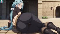 the_banished_court_magician_aims_to_become_the_strongest olivia_(mikata_ga_yowasugite_hojo_mahou) ass long_hair bathroom solo volleyball restroom blush toilet ponytail blue_hair very_long_hair cracked_wall smile sweat from_behind rating:questionable boots looking_back looking_at_viewer graffiti aqua_hair 1girls ai_generated artist_name artist_signature hi_res high_resolution highres kurutai subscribestar subscribestar_username uncensored