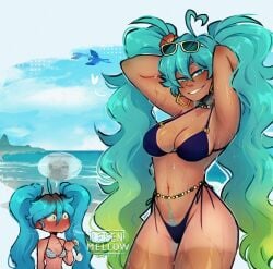 2girls armpits arms_up bikini blue_eyes blue_hair blush brazilian_miku breasts earrings green_hair hands_behind_head hatsune_miku leisen_mellow long_hair looking_at_viewer navel necklace pubic_hair slim_waist smile sunglasses swimsuit tagme tan_body thick_thighs tied_hair voluptuous wet wet_body wide_hips