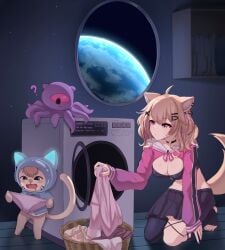 1girl animal_ears black_skirt breasts cat_ears cat_tail cleavage hair_ornament hood indie_virtual_youtuber long_hair long_sleeves looking_at_viewer nail_polish night pleated_skirt skirt sky squchan_(vtuber) tail virtual_youtuber vyugen