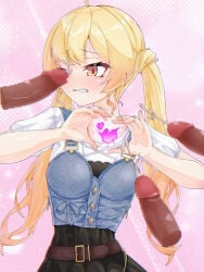 1girl 3boys absurdres ahoge blonde_hair closed_mouth cum cum_on_body facial heart heart_hands highres hololive hololive_dev_is long_hair looking_at_penis looking_at_viewer multiple_boys nyang-kaz one_eye_closed otonose_kanade penis red_eyes solo twintails virtual_youtuber