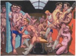 13boys 6+boys anal ass balls blonde_hair brown_hair chest_hair cum cum_drip erection fellatio fisting flaccid footwear foreskin gay ginger hairy indoors jockstrap kneeling light_skin locker_room male male_only michael_kirwan multiple_boys muscular nipples nipples_visible_through_clothing original penis pubic_hair shorts_down tan_skin tanline traditional_media uncircumcised yaoi