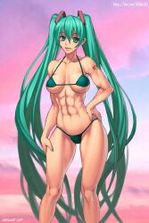 1girls abs alluring athletic_female bikini breasts female_abs fit_female hand_on_hip hatsune_miku long_hair miku_hatsune nail_polish naughty_face navel sefuart sega smile tattoo turquoise_eyes turquoise_hair twintails vocaloid