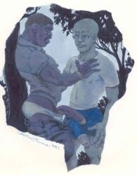 2001 2boys ass big_penis blonde_hair dated erection forest gay ginger half-erect light_skin male male_only michael_kirwan muscular nipples_visible_through_clothing original pants_down penis penis_through_leghole pubic_hair shorts tight_clothing traditional_media underwear veiny_penis wristwatch yaoi