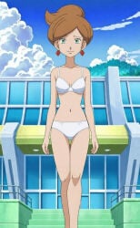 1girls brown_hair female female_only pokemon professor_juniper screenshot_edit solo underwear underwear_only white_bra white_panties