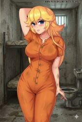 1girl 1girls ai ai_edit ai_generated bedsheets blonde blonde_female blonde_hair blue_eyes blushing bunk_bed dirt dirty dirty_clothing edit edited female female_focus female_only filth filthy gemini human human_only inmate inmates_clothing jail jumpsuit light-skinned_female light_skin long_hair long_hair_female mario_(series) nintendo orange_clothing orange_jumpsuit orange_uniform princess_peach prison prison_cell prison_jumpsuit prison_uniform prisoner seductive seductive_pose sink steel_toilet super_mario_bros. toilet uniform white_skin