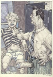 2boys age_difference big_penis black_hair blonde_hair book bulge caught erection foreskin formal_wear gay light_skin male male_only michael_kirwan nipples_visible_through_clothing original partially_colored penis penis_outline penis_through_fly pubic_hair public_restroom striped_shirt student teacher tongue_out traditional_media uncircumcised veiny_penis yaoi