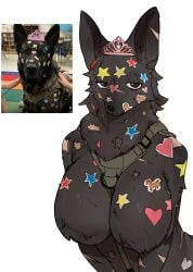 1girls absurd_res anthro big_breasts black_eyes black_fur breasts buta99 canid canine diadem domestic_dog featureless_breasts female female_only fur furry looking_at_viewer narrowed_eyes reference_image scar scar_across_nose scar_on_nose solo sticker stickers stickers_on_body unamused white_background wholesome