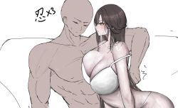 original_characters kkukki_(kkukki284) 1girls 1boy big_breasts cleavage black_hair long_hair muscular_male dark-skinned_male bra lingerie loose_bra g-string bald_male
