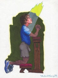 1999 1boy brown_hair bulge clothed curly_hair dated footwear gay hairy_legs kneeling light_skin male male_only michael_kirwan original outdoors praying shorts side_view solo traditional_media yaoi